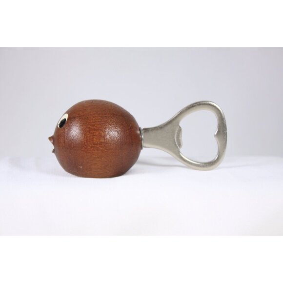 Danish modern fish Teak bottle opener, small round mid century modern bar wares - Picture 4 of 10